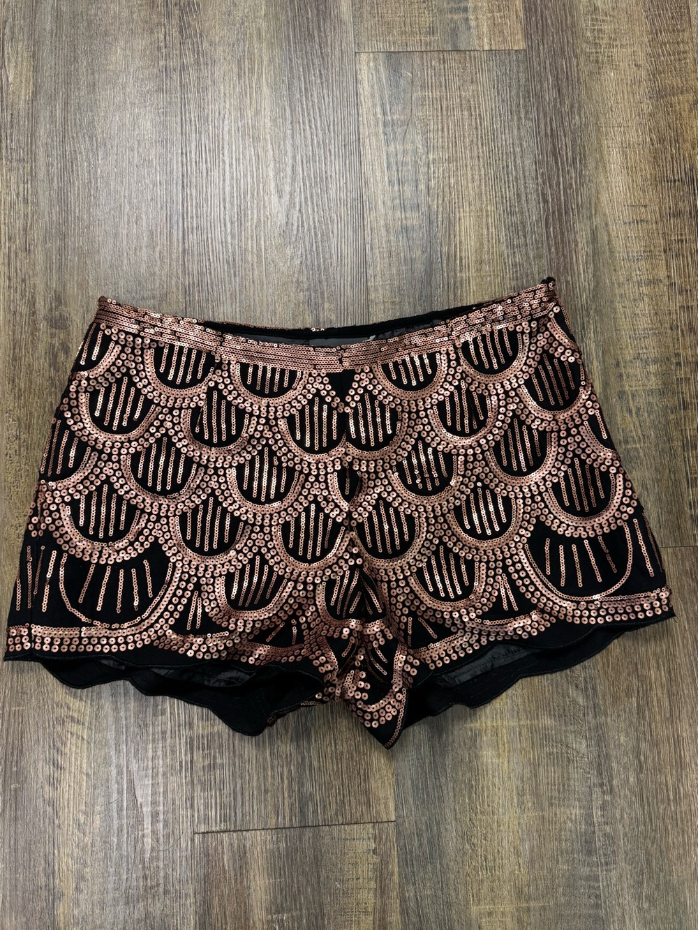 Sequin Embellished Black Shorts with Rose Gold Pattern